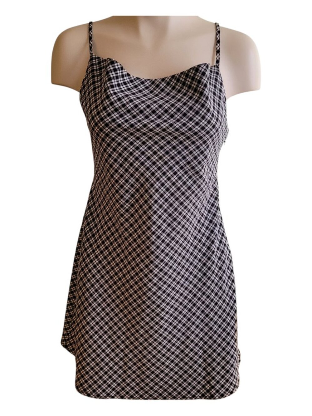 90s Inspired Plaid Slip Dress Black & White Cowl Neck Mini Spaghetti Strap sz M - Picture 2 of 10